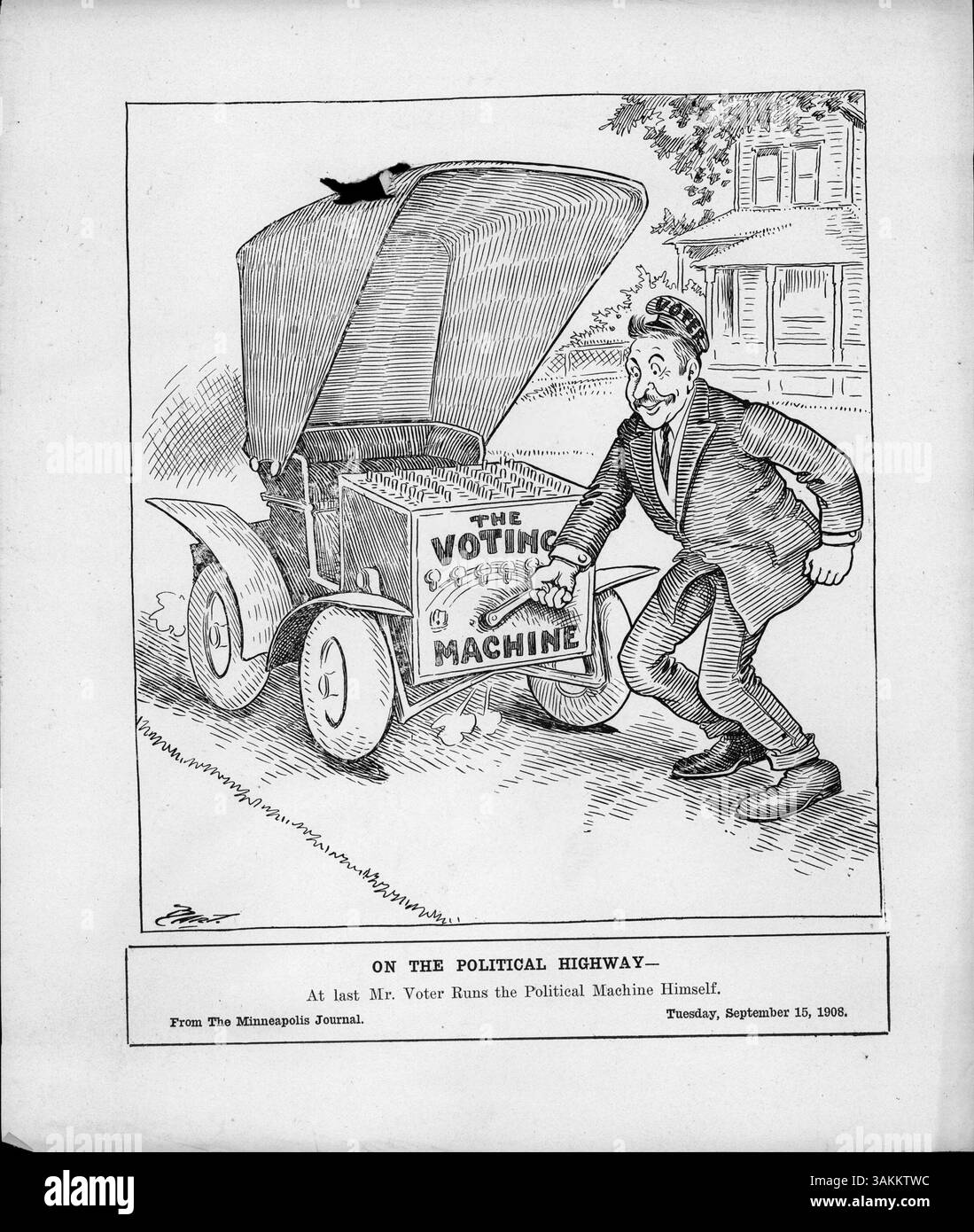 Cette caricature politique capture le changement de pouvoir en 1908, où les électeurs ont finalement pris le contrôle de la machine politique. Les primaires de cette année-là ont connu des résultats surprenants, comme le dépeignent les dessins animés ultérieurs. Cette pièce reflète le climat politique et l’autonomisation des électeurs au début du XXe siècle. Banque D'Images