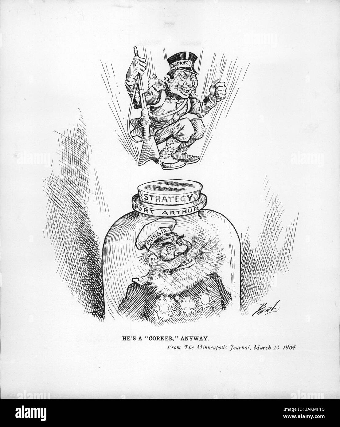 L'expression « He's a Corker, Anyway » fait référence au blocus naval stratégique japonais de Port Arthur pour empêcher les forces navales russes de s'échapper après un assaut manqué pendant la guerre russo-japonaise. Banque D'Images