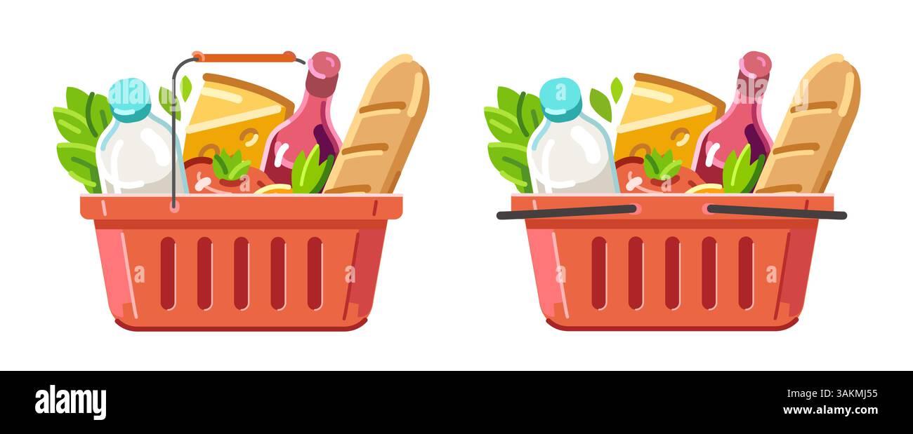 Panier rouge plein rempli de divers produits alimentaires. Dessin animé design plat concept d'épicerie Illustration de Vecteur