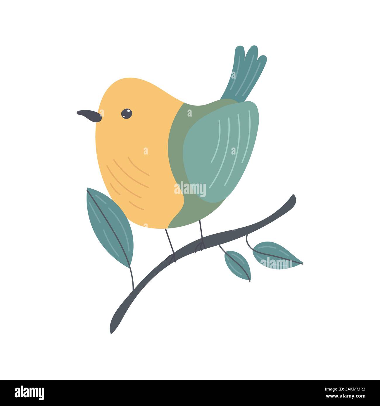 Oiseau jaune et vert assis sur une brindille feuillue, idéal pour les conceptions sur le thème de la nature, le décor fantaisiste, ou les illustrations de la faune pour enfants avec une douce botanique Illustration de Vecteur