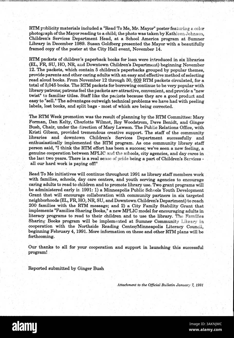 Ce bulletin officiel hebdomadaire de la Bibliothèque publique de Minneapolis offre des mises à jour internes pour le personnel sur les nouvelles, les opérations et les activités de la bibliothèque pour l'année 1991. Banque D'Images