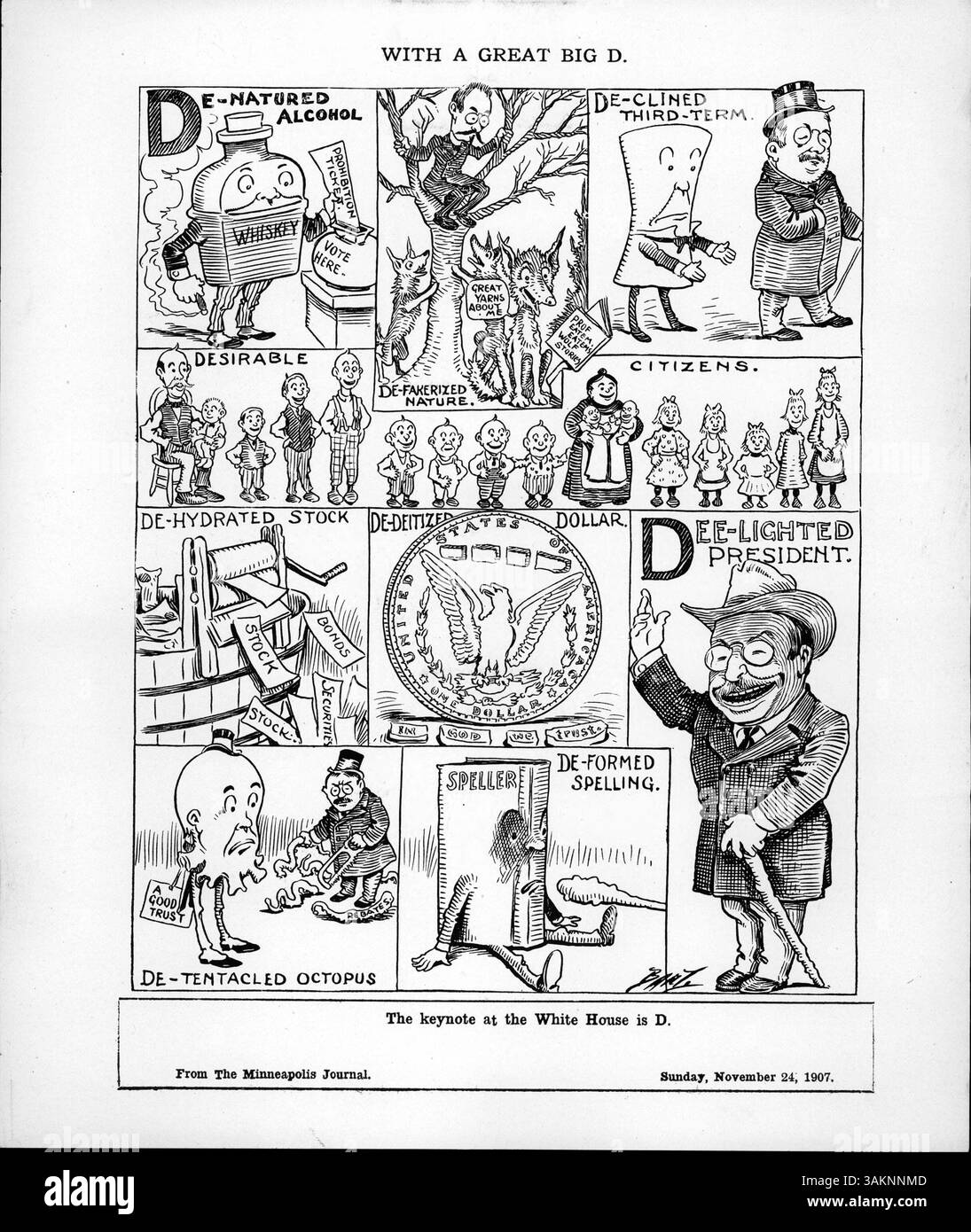 "With a Great Big d" présente un discours liminaire du président Roosevelt, mettant en lumière plusieurs sujets clés de l'année précédente, tels que l'alcool dénaturé, les citoyens désirables et divers termes "dénaturés" reflétant des événements politiques et sociétaux. Banque D'Images