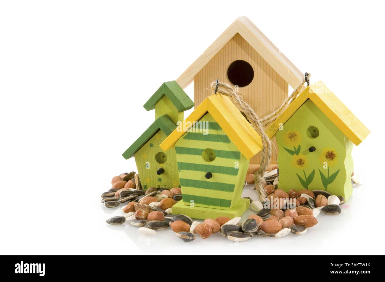 Maisons d'oiseaux en bois en vert et avec nourriture pour oiseaux Banque D'Images
