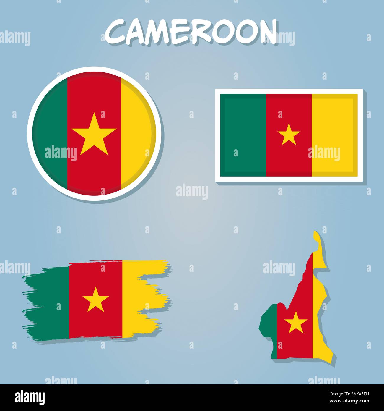Ensemble de vecteurs Cameroun. Forme de pays détaillée avec bordures de région, drapeaux et icônes Illustration de Vecteur