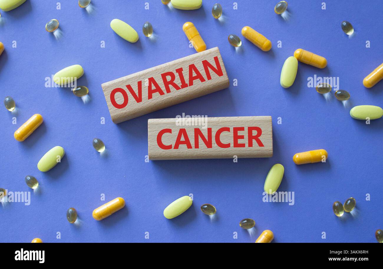 Symbole du cancer de l'ovaire. Concept de cancer de l'ovaire sur blocs de bois. Beau fond violet avec des pilules. Médecine et concept de cancer de l'ovaire. Copier Banque D'Images