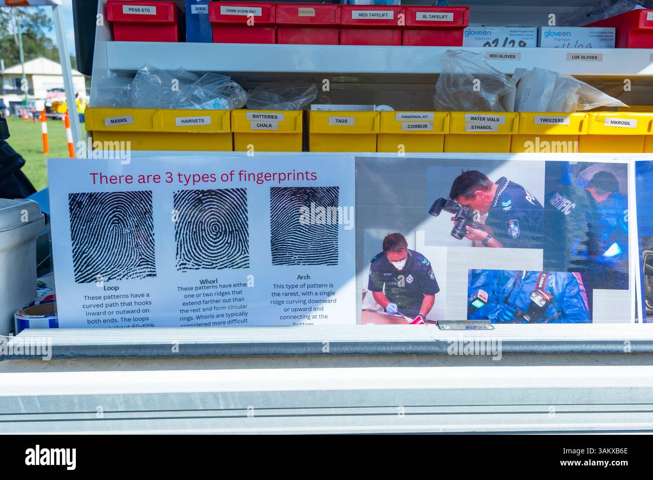 Empreintes digitales affichées à l'exposition des services d'urgence à Woodford, 2025, Queensland, Australie Banque D'Images