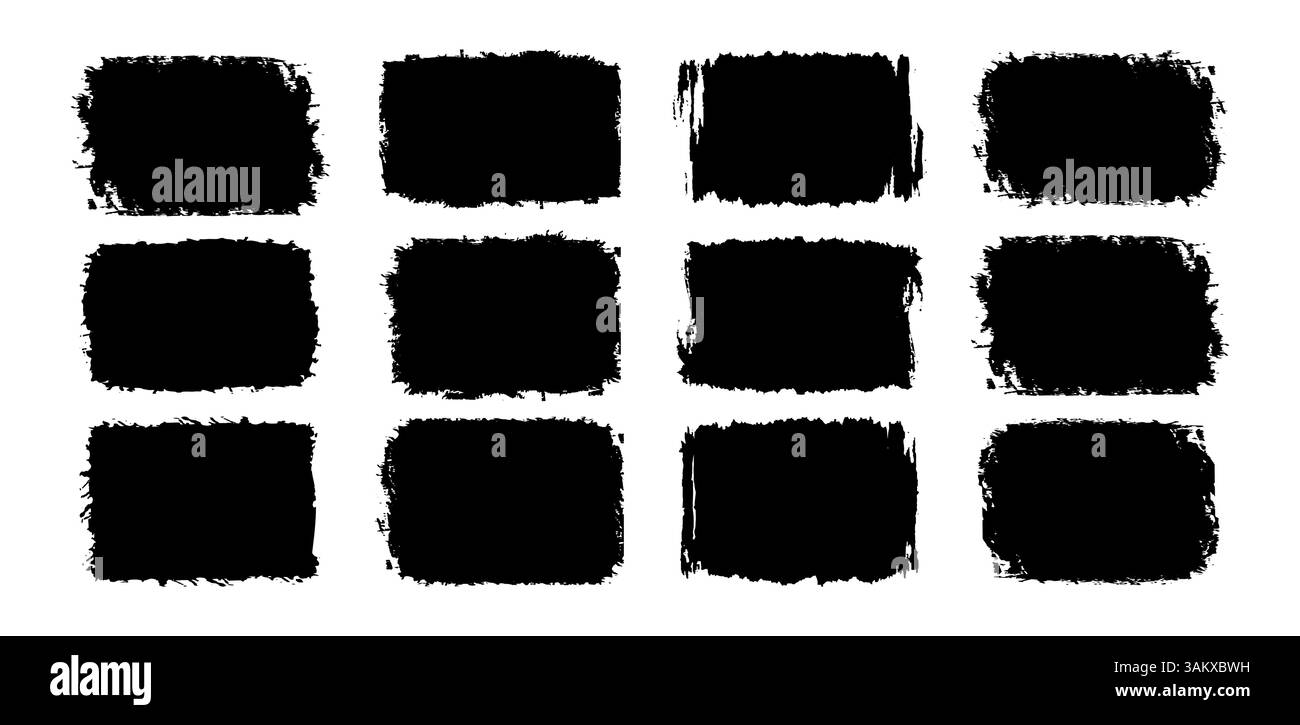Ensemble de cadres grunge traits de pinceau à encre noire en forme de rectangle, carré sur fond blanc, effet grunge, illustration vectorielle Illustration de Vecteur