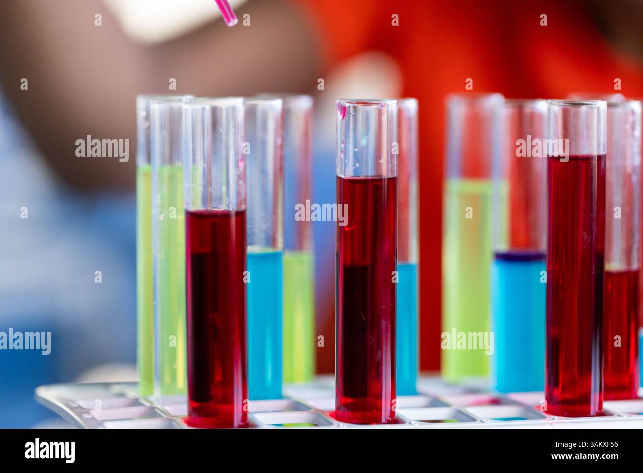 Utilisation d'une pipette avec des liquides colorés, étudiant menant des expériences scientifiques à l'école, copiez l'espace Banque D'Images