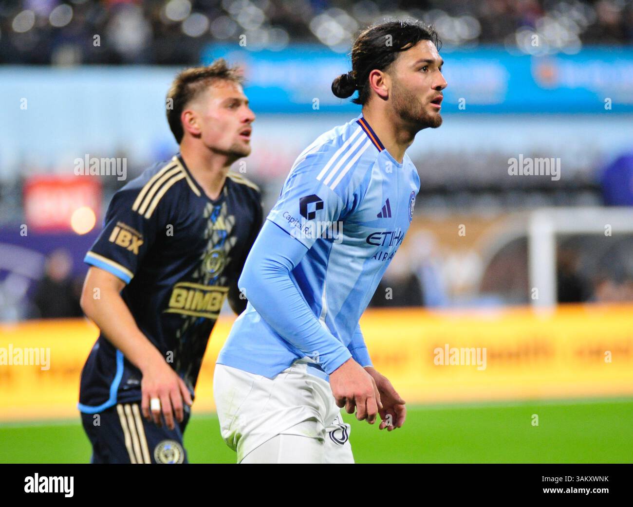 Queens, États-Unis. 12 avril 2025. Justin Haak (80) samedi soir à New York. Le New York City FC accueille Philadelphia Union au Citi Field le 12 avril 2025 et remporte le match 1-0, remportant une série de trois matchs sans victoire. (Photo de Jess Stiles/Sipa USA) crédit : Sipa US/Alamy Live News Banque D'Images