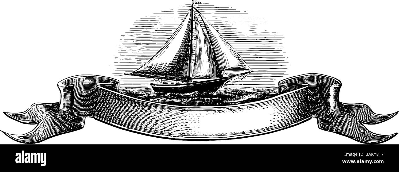 Illustration gravée d'un voilier classique avec bannière décorative pour une utilisation de conception nautique. Illustration de Vecteur