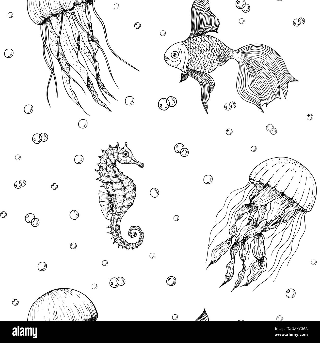 Vecteur belle méduse, poisson tropical et doré avec des bulles. Dessin au trait peint à la main, oxygène pétillant. Clip art graphique isolé sur fond Illustration de Vecteur