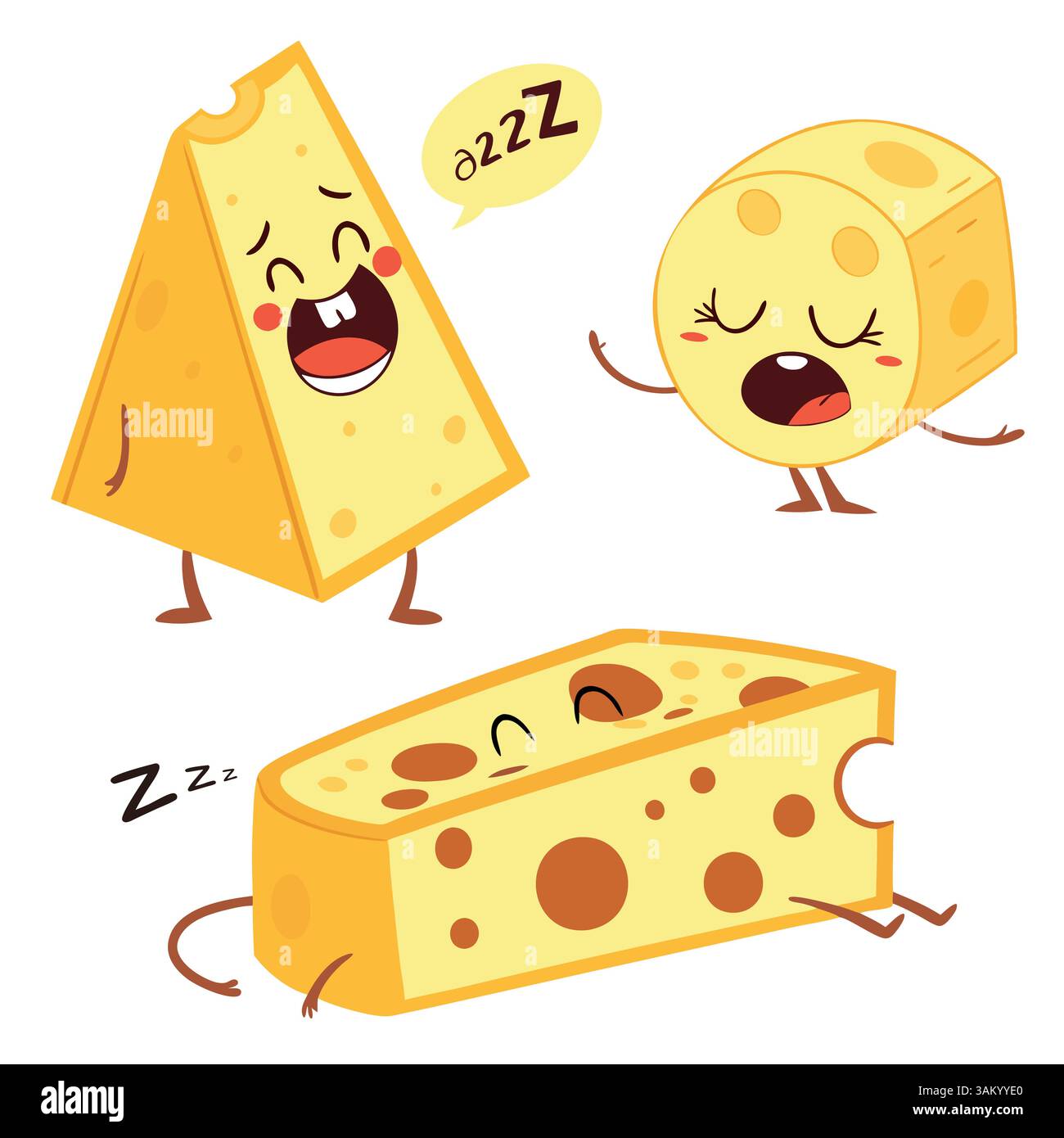 Personnages mignons de fromage de dessin animé avec des expressions et des poses drôles Illustration de Vecteur