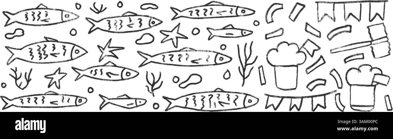 Jeu de griffonnages de ligne de poissons. Sardines dessinées à la main griffonnage École de poissons dans la mer. Illustration nautique monochrome vectorielle par crayon isolé sur BA blanc Illustration de Vecteur