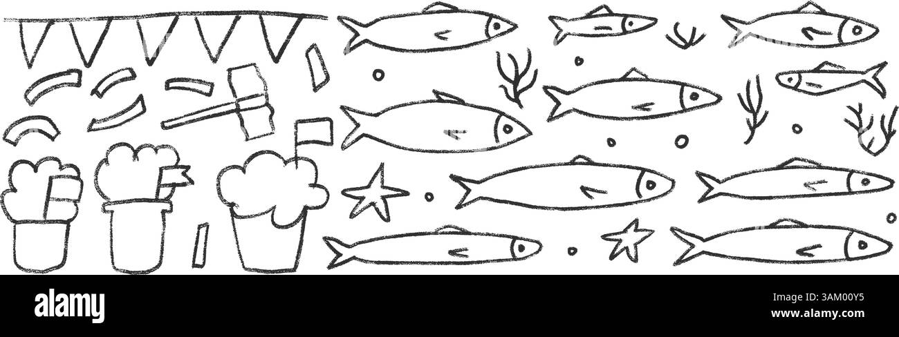 Santos populares festival éléments monochromes. Manjerico, marteau et guirlande avec sardines dessinées à la main set. Jeu de griffonnages de ligne de poissons. Illustration vectorielle Illustration de Vecteur
