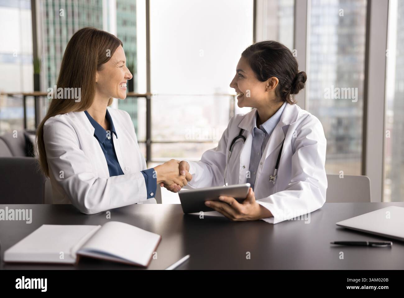 Deux femmes heureuses et diverses professionnelles médicales se serrent la main après avoir fait affaire Banque D'Images