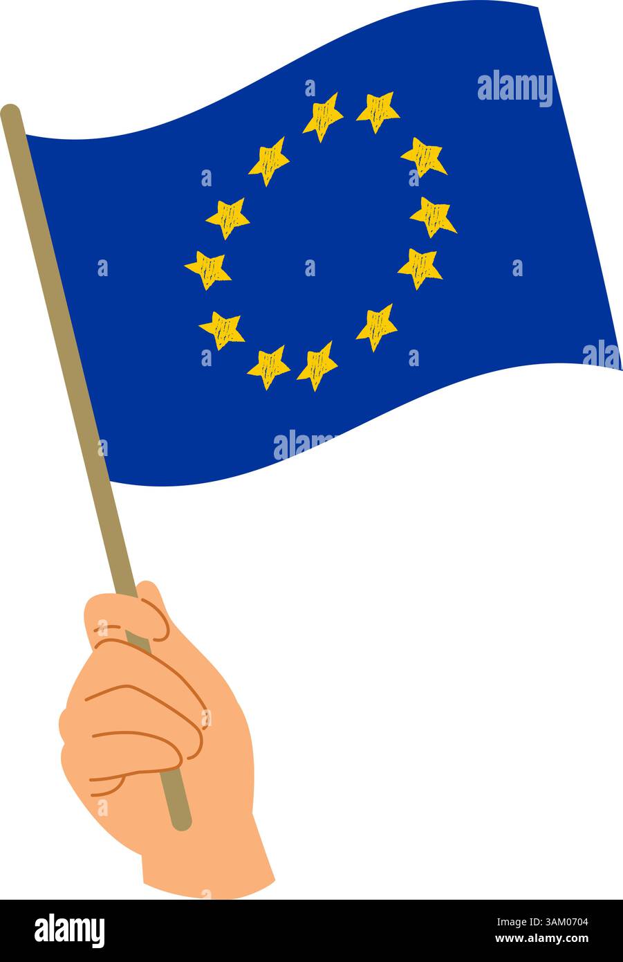 Main tenant le drapeau de l'Union européenne illustration vectorielle isolée. Personne agitant le symbole de l'Europe pour célébrer la Journée de l'Europe Illustration de Vecteur