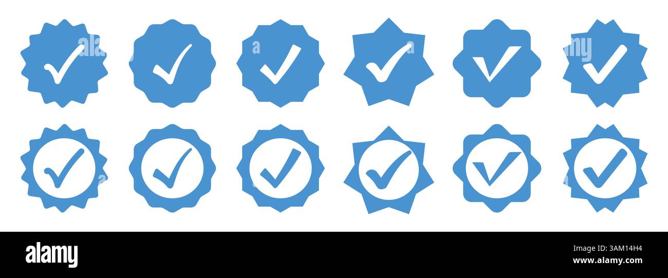 Badges bleus vérifiés de différentes formes. Icône de badge de vérification de profil et de médias sociaux. Vérifier et approuver, accepter, icône de badge Instagram vérifié. Illustration de Vecteur