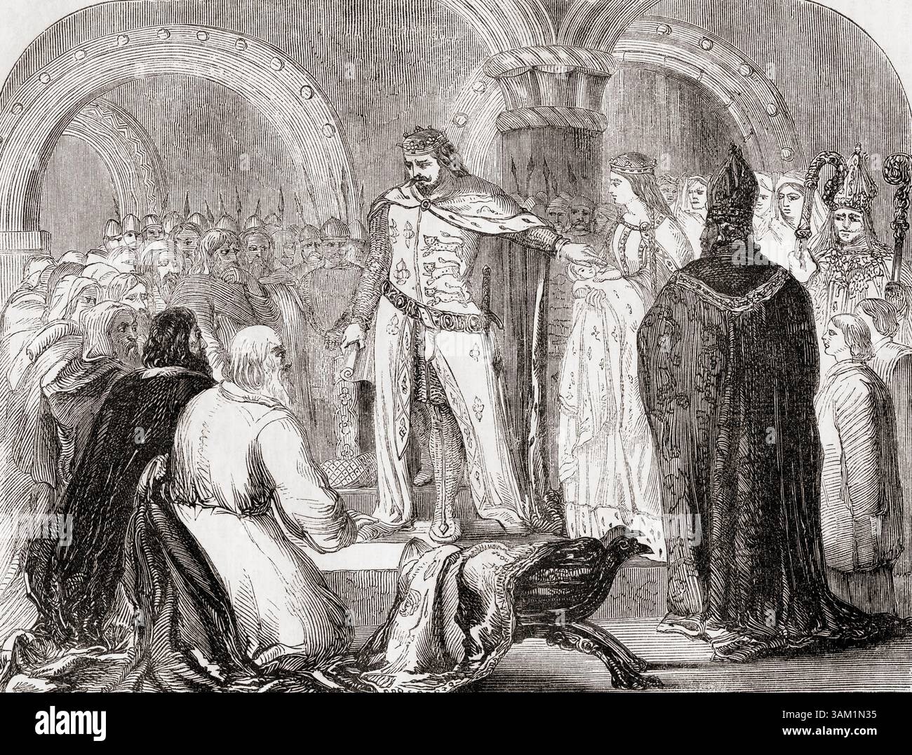 Édouard Ier d'Angleterre présente son fils nouveau-né comme futur premier prince de Galles à la nation galloise en 1284. Édouard Ier, 1239 – 1307, alias Edward Longshanks et le marteau des Écossais. Roi d'Angleterre. Prince de Galles, futur Édouard II, 1284 – 1327, alias Édouard de Caernarfon, roi d'Angleterre. Extrait de Cassell's Illustrated History of England, publié en 1857. Banque D'Images