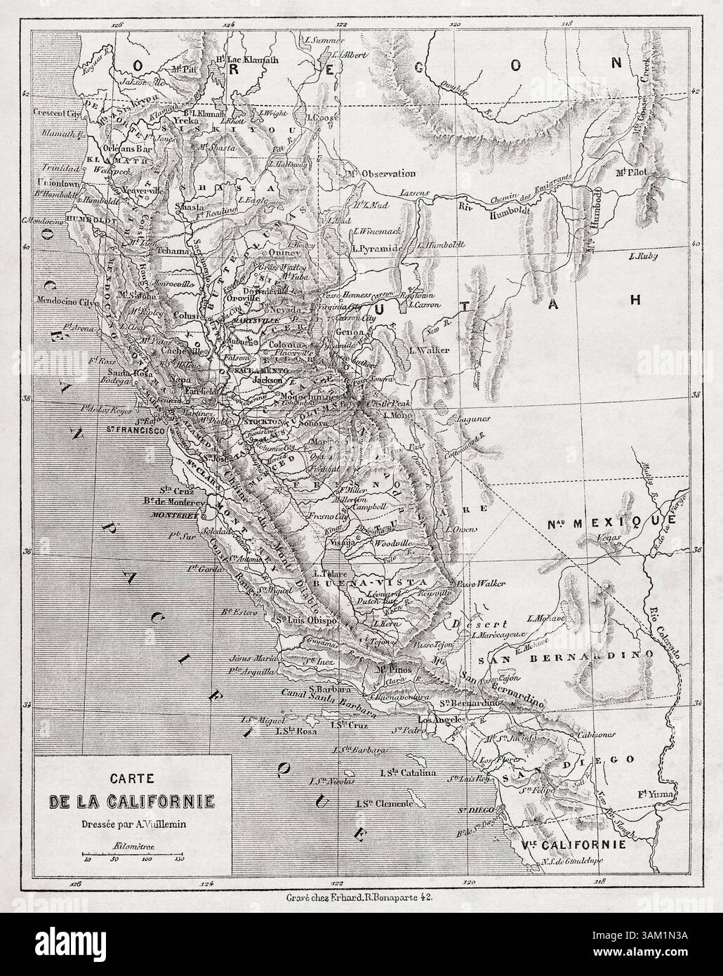 Carte de Californie, États-Unis d'Amérique, 1859. De voyage en Californie ou voyage to California de L. Simonin, 1859. En vedette dans le Tour du monde, publié en 1862. Banque D'Images