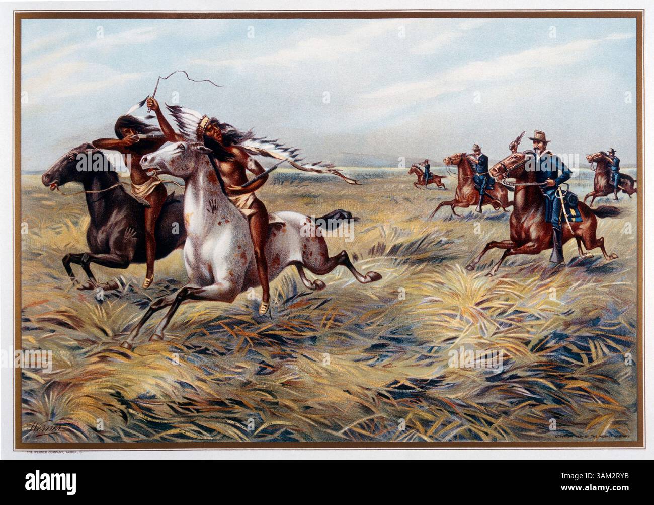 1er juin 1900 - la cavalerie américaine poursuit les Amérindiens, lithographie, vers 1899 (crédit image : © Glasshouse/ZUMAPRESS.com) Banque D'Images