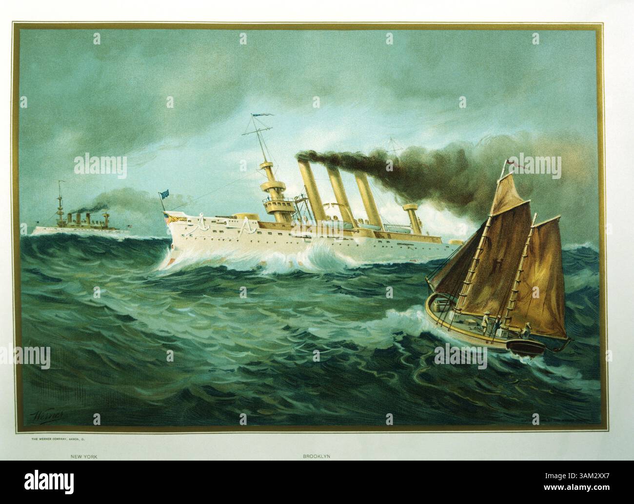 1er juin 1900 - United State Cruisers, Brooklyn et New York, partie de la Grande flotte blanche, lithographie, 1899 (crédit image : © Glasshouse/ZUMAPRESS.com) Banque D'Images