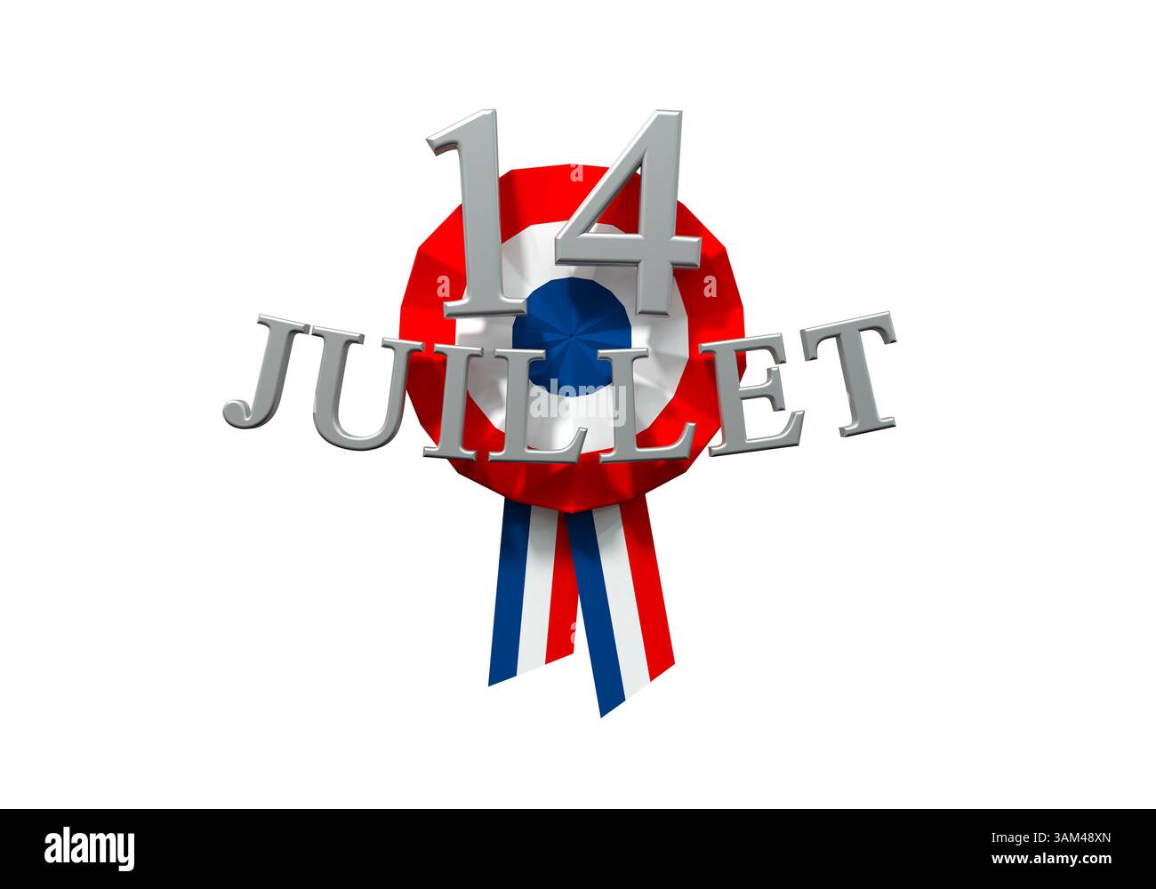 Cocardes tricolores et le texte le 14 juillet, fête nationale de France - rendu 3D. Banque D'Images