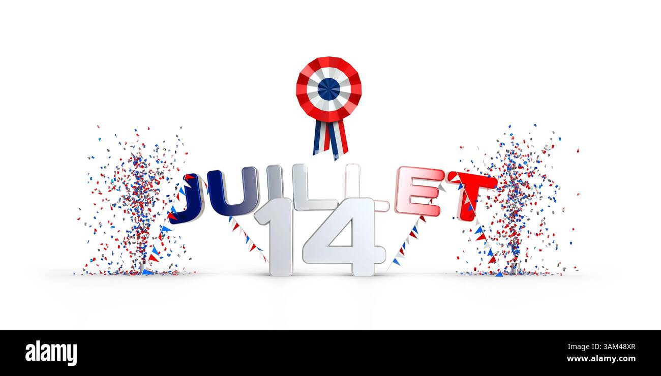 Titre du 14 juillet, texte 3D avec confettis et bannière tricolore pour affiche ou bannière web - rendu 3D - fond blanc Banque D'Images