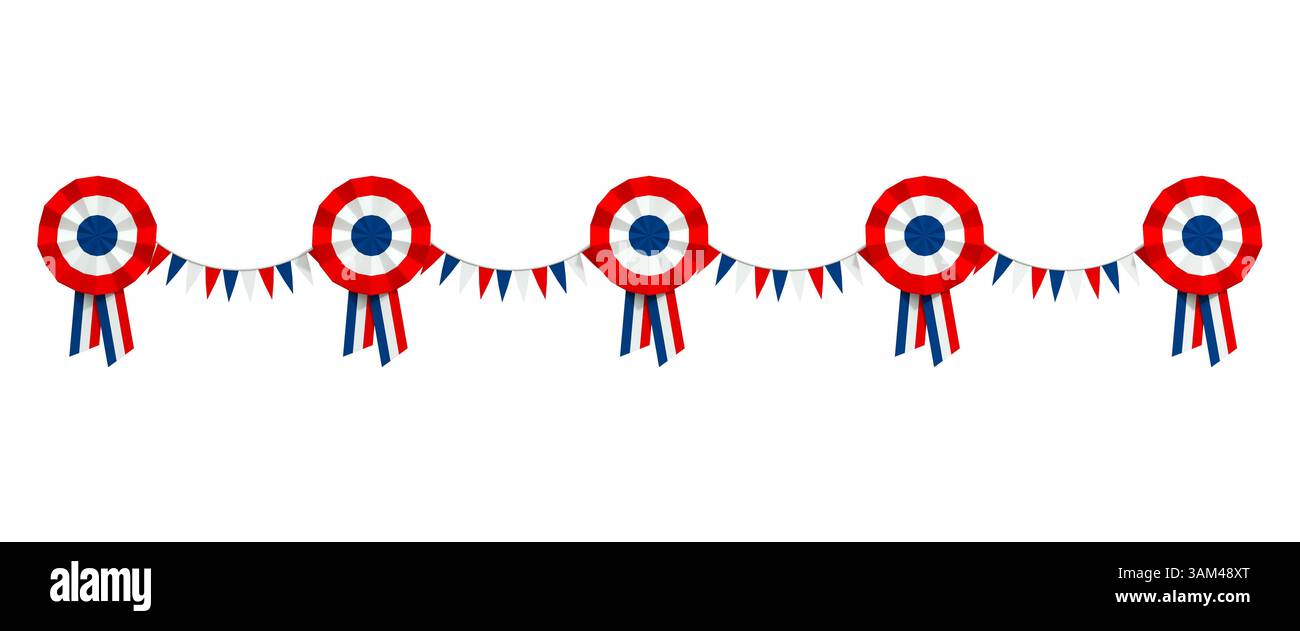 Bannière web, frise avec cocardes et fanions tricolores pour le 14 juillet, fête nationale de France - rendu 3D. Banque D'Images