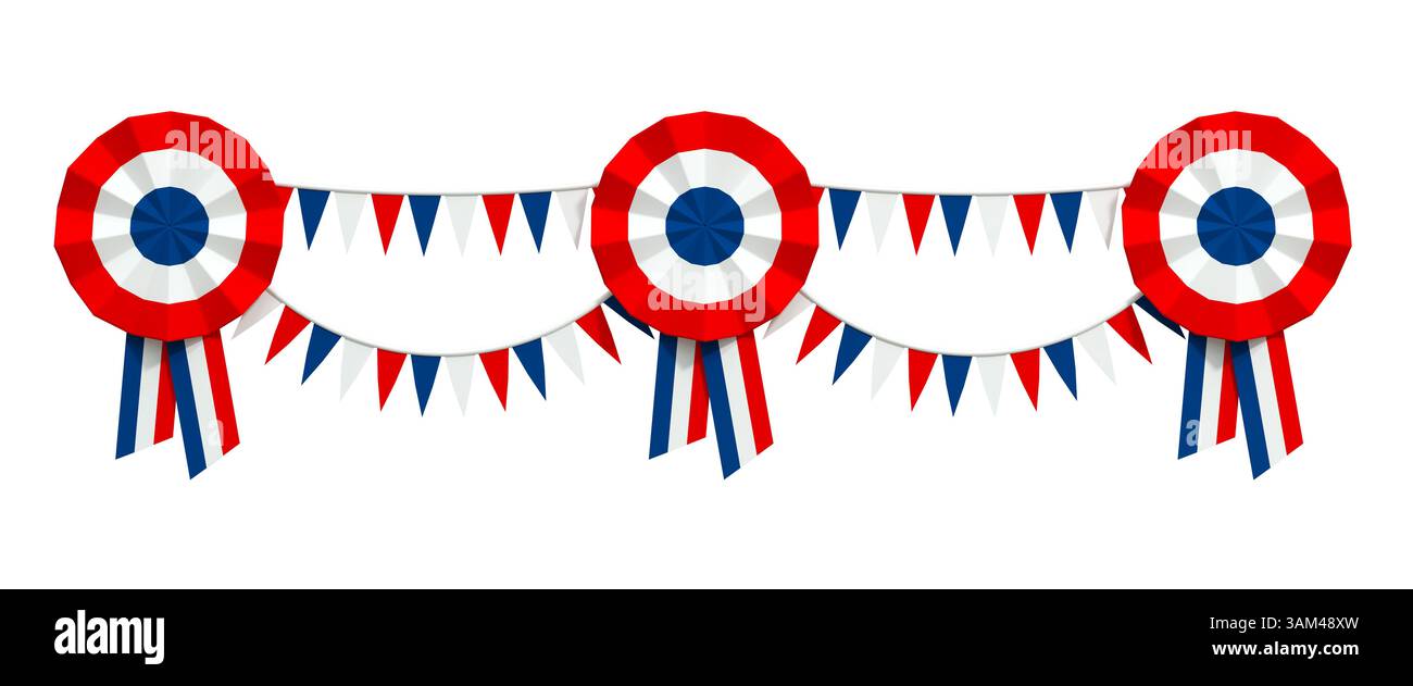 Bannière web, frise avec cocardes et fanions tricolores pour le 14 juillet, fête nationale de France - rendu 3D. Banque D'Images