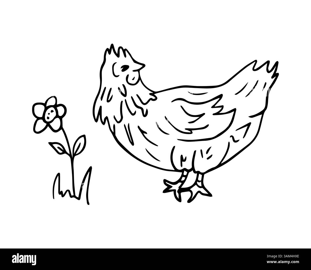 Poulet et fleur maison, dessin vectoriel dans le style doodle. Farm Animals est une illustration monochrome de contour dessinée à la main. Un poulet heureux pour une marque de produits pour la maison. Illustration de Vecteur