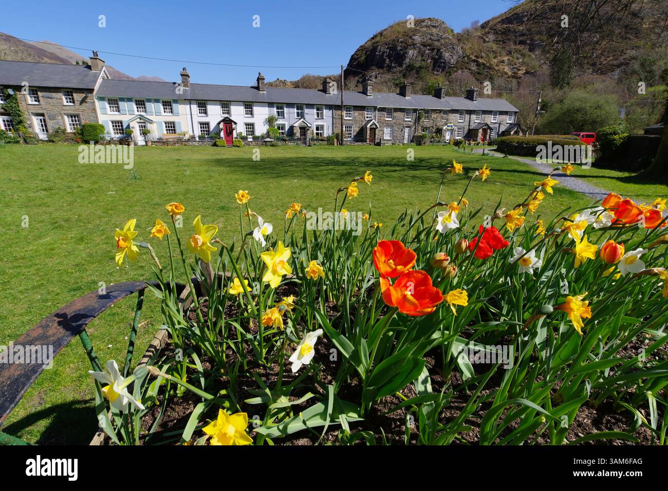 Cottages, Beddgelert, Eryri, (Snowdonia) Gwynedd, Nord-Ouest du pays de Galles. Banque D'Images