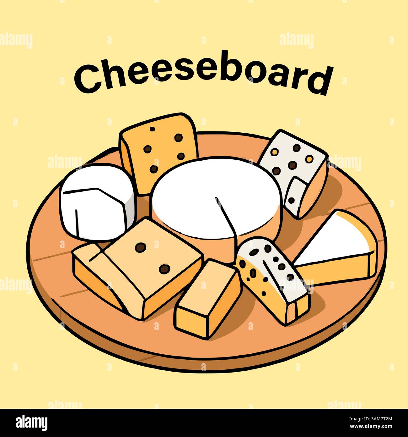 Variété de fromages affichés sur un cheeseboard en bois avec fond jaune Illustration de Vecteur