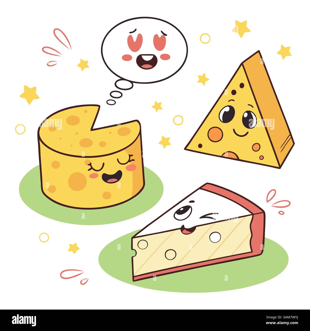 Personnages mignons de fromage de dessin animé avec des expressions et des poses drôles Illustration de Vecteur