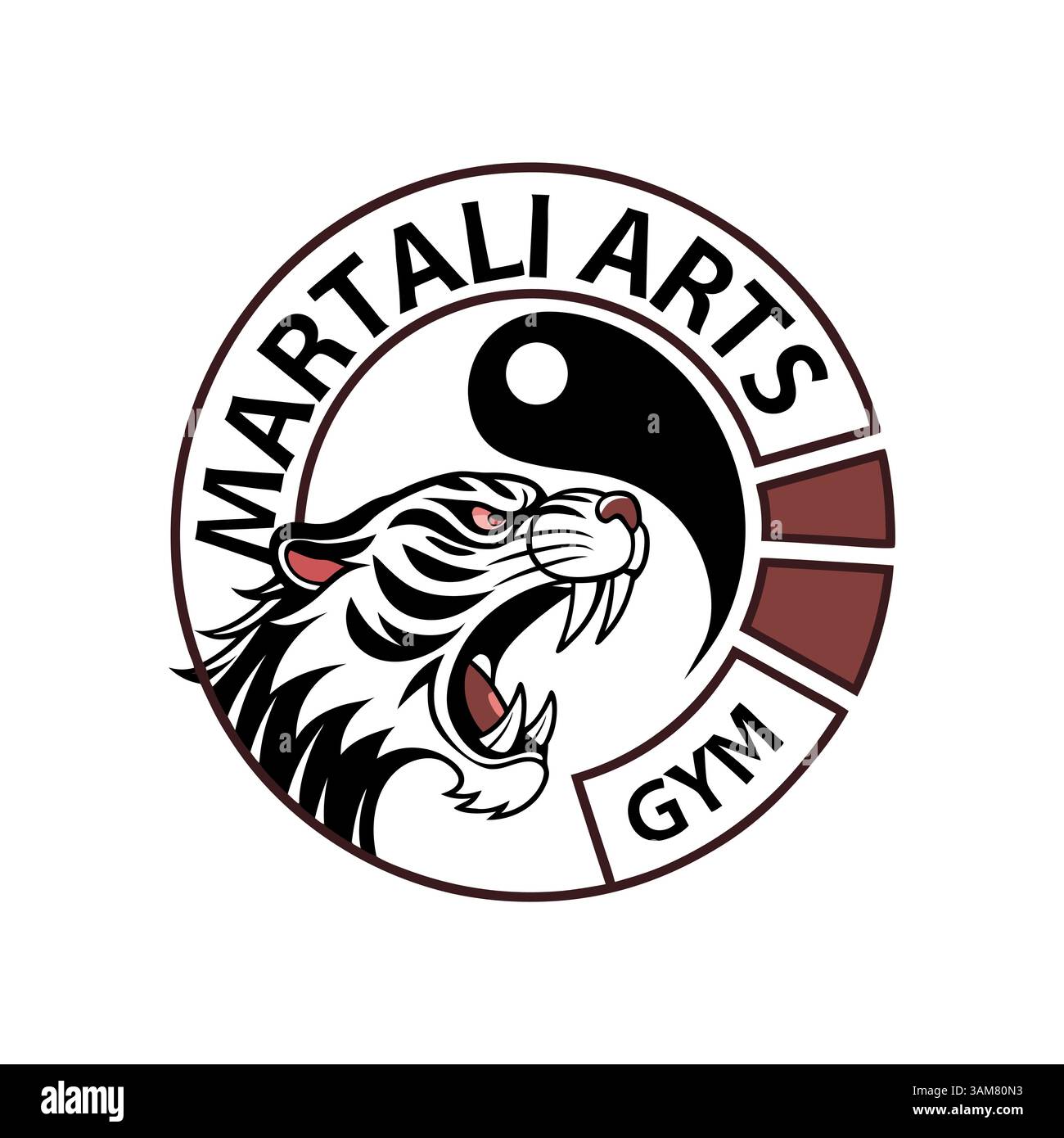Logo d'arts martiaux avec un tigre féroce et le symbole Yin Yang, représentant la force, l'équilibre et l'esprit d'arts martiaux. Idéal pour les centres de formation Illustration de Vecteur