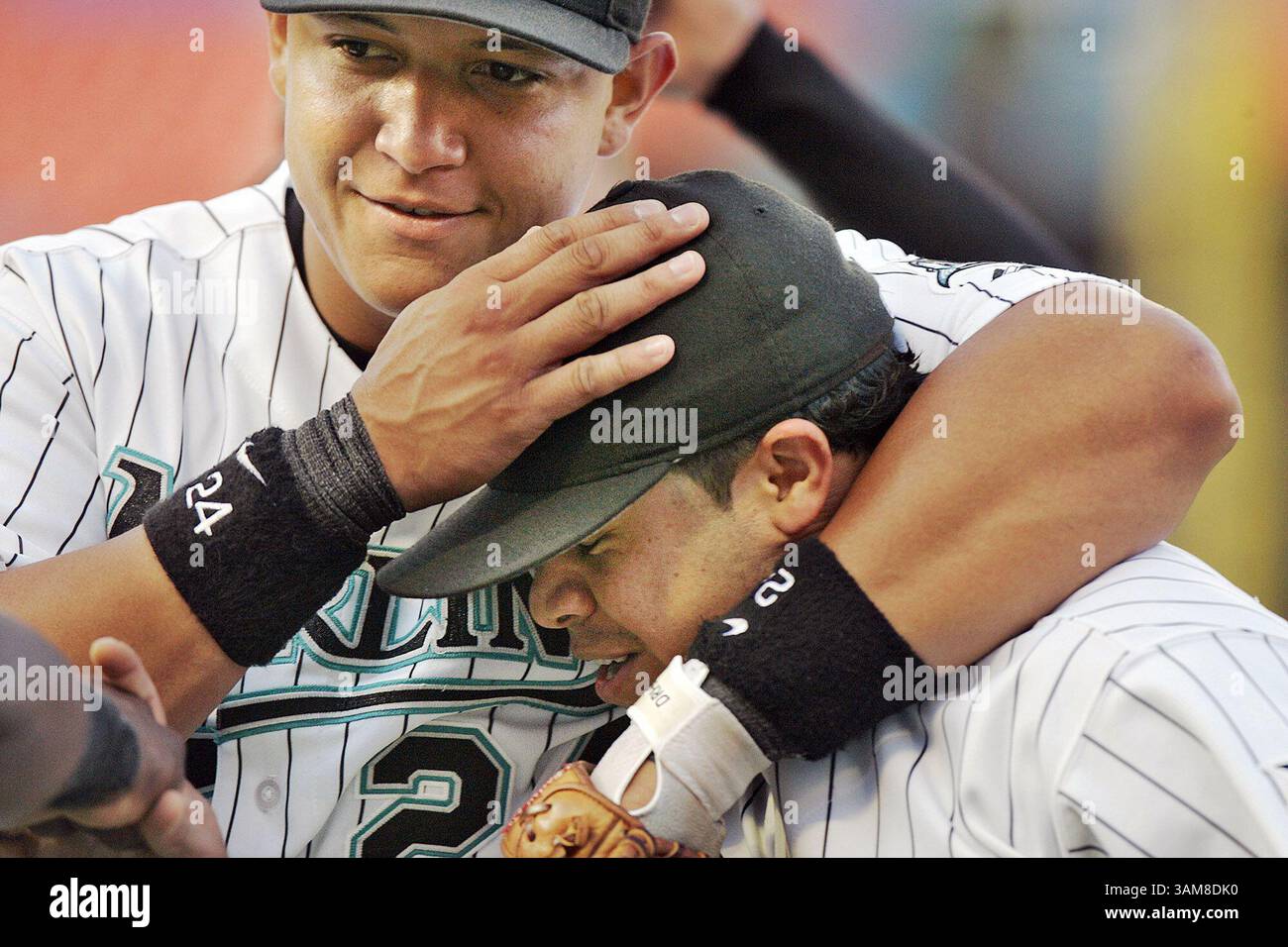 1er août 2006 - États-Unis - Miguel Cabrera des Marlins de Floride embrasse Alfredo Almezaga après avoir fait une prise de plongée dans la ligne de conduite de Lastings Milledge des mets de New York pour terminer le sommet de la deuxième manche. Les Marlins ont battu les mets 6-5 au Dolphin Stadium de Miami, en Floride, le mardi 1er août 2006. (Joe Rimkus Jr./Miami Herald/MCT) (image crédit : © Joe Rimkus Jr/mct/ZUMAPRESS.com) Banque D'Images