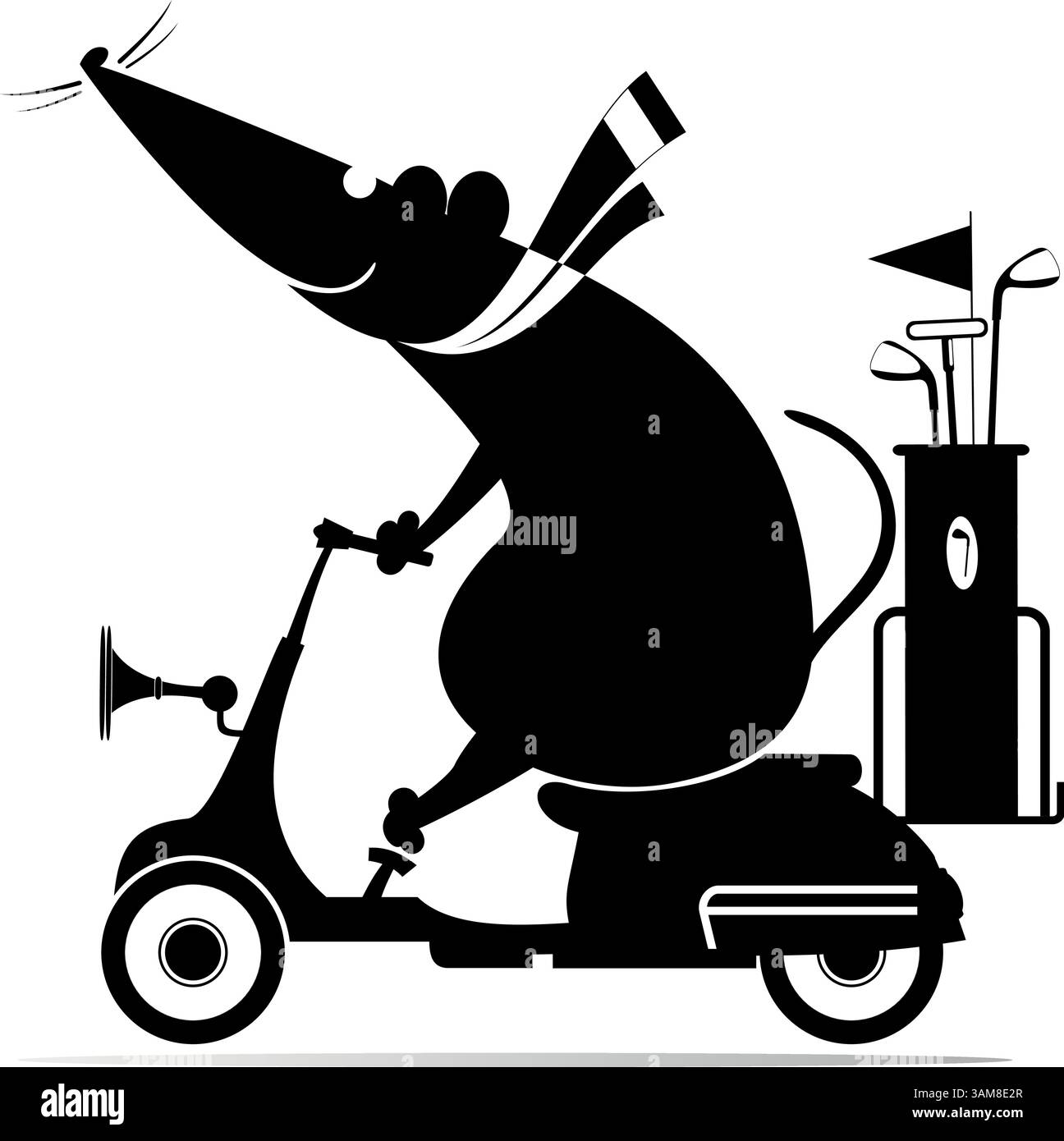 Joli rat ou souris sur le scooter est sur le chemin du terrain de golf. Rat de dessin animé ou souris allant jouer au golf dans la voiturette de golf. Noir et blanc Illustration de Vecteur