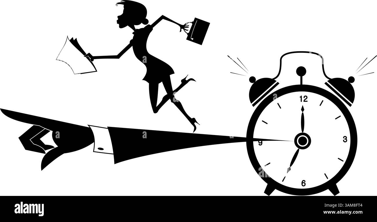 Homme d'affaires. Concept de temps. Date limite. Main du réveil pointe la direction où aller à une femme d'affaires avec sac et papiers Illustration de Vecteur