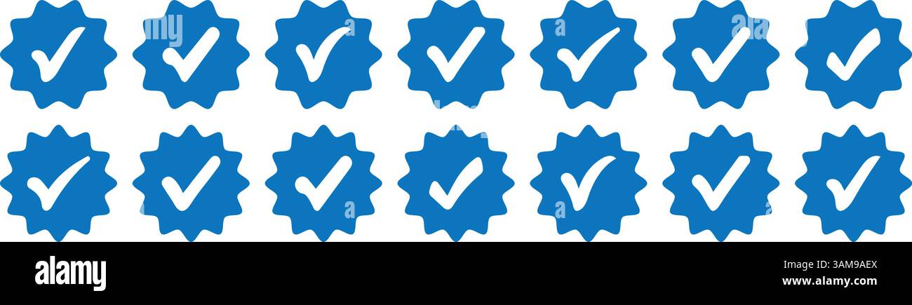 Jeu d'icônes de profil de badge vérifié défini. Contrôles des médias sociaux, signes garantis, coches bleues. Collection d'icônes de vérification de compte. Illustration de Vecteur
