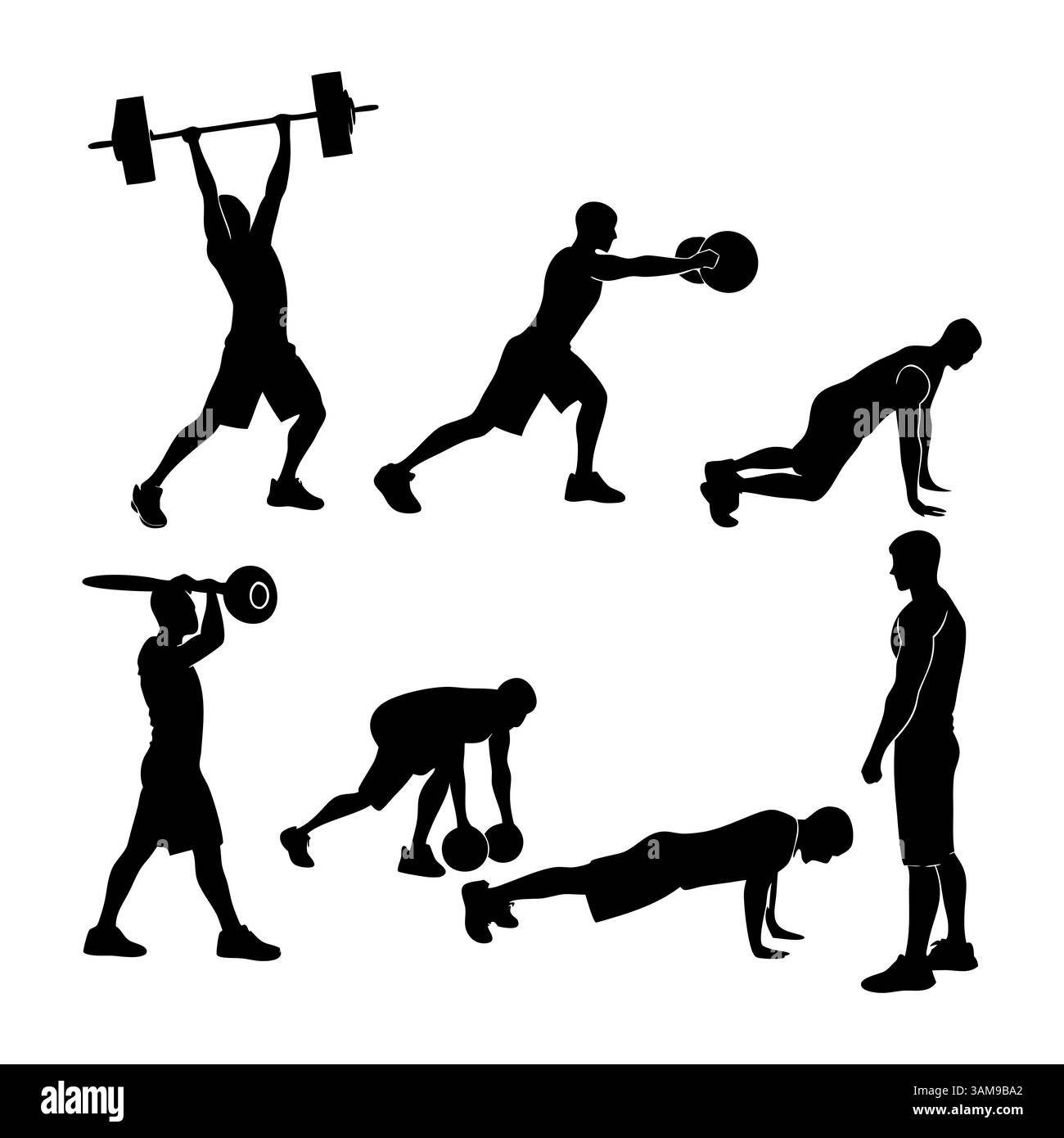 Collection de différentes silhouettes d'exercice avec des bandes de résistance, des rouleaux en mousse et des barres push-up. Illustration vectorielle en couches facile à modifier. Illustration de Vecteur