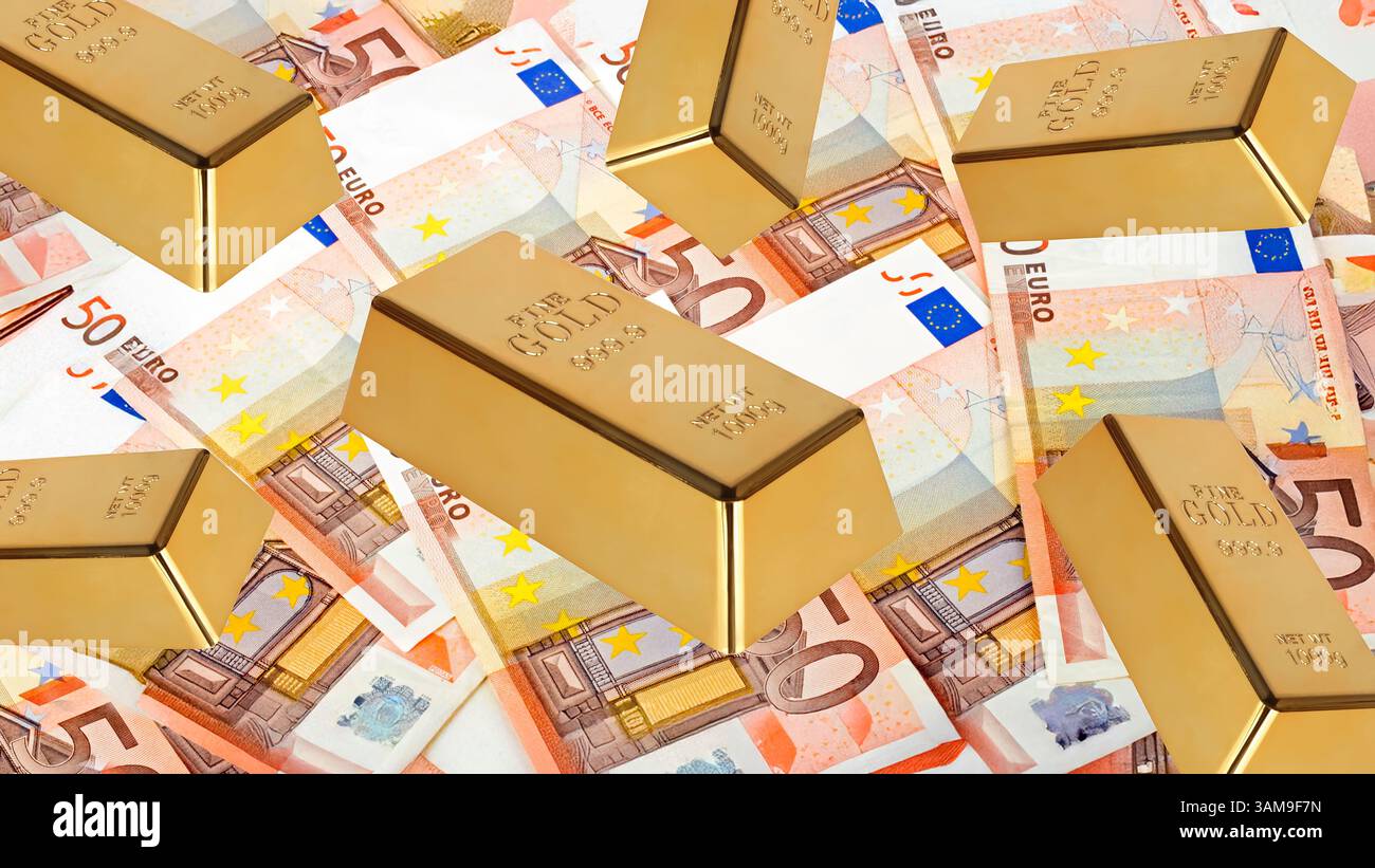 Cinquante billets en euros et lingots d'or Banque D'Images