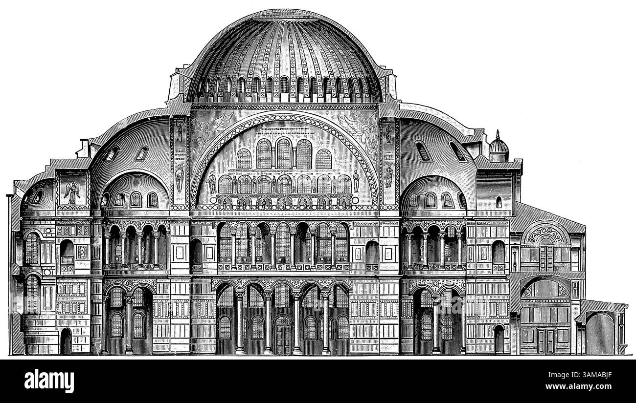Coupe longitudinale de Sainte-Sophie à Constantinople. Styles architecturaux chrétien et byzantin primitifs. Banque D'Images