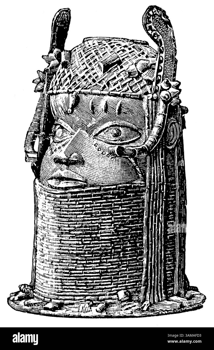 Tête ailée en bronze du Bénin, Afrique de l'Ouest. Culture africaine et antiquités. Publication de l'encyclopédie Meyers, vol. 7, Leipzig, Allemagne, 1910. Banque D'Images