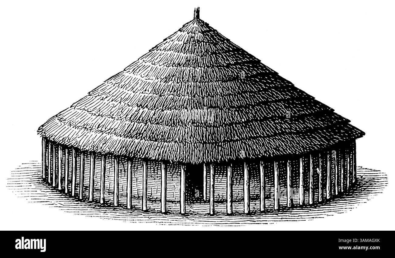 Cabane de la Wassukuma, Afrique de l'est. Culture africaine et antiquités. Publication de l'encyclopédie Meyers, vol. 7, Leipzig, Allemagne, 1910. Banque D'Images