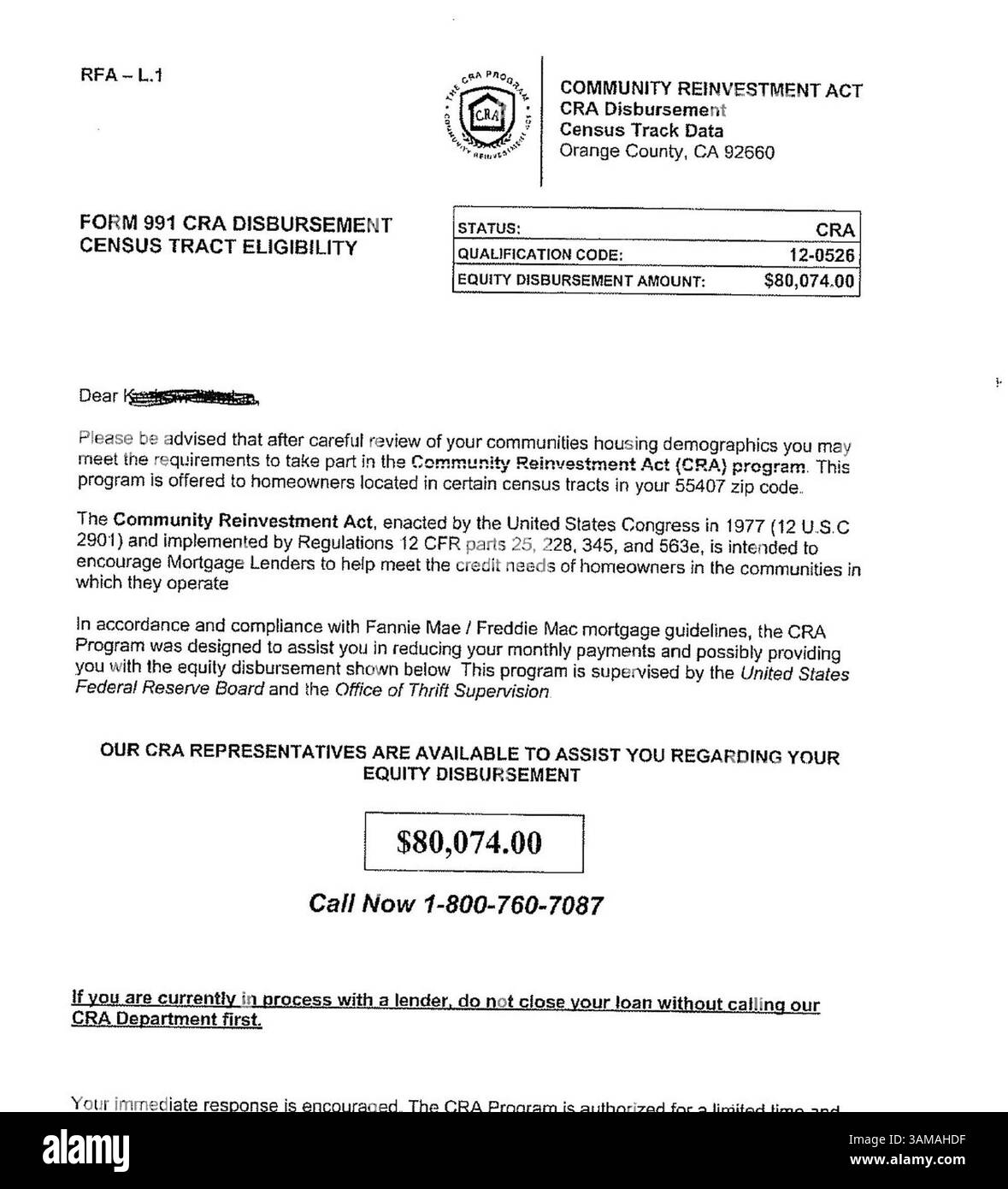 30 août 2007 - É.-U. - cette annonce, avec une erreur grammaticale, a été envoyée à un propriétaire à Minneapolis, Minnesota. Cela donne l'impression que le gouvernement fédéral est derrière l'offre. Il note même au bas de la page que le programme est supervisé par le Conseil de la réserve fédérale des États-Unis et le Bureau de la supervision de Thrift. Le prêteur hypothécaire, Newport Capital de Newport Beach, Californie, ne s'identifie jamais sur l'annonce. (Photo publiée avec l'aimable autorisation du Financial Justice Center/ACORN/MCT) (image de crédit : © PHOTOGNOSOURCE/mct/ZUMAPRESS.com) Banque D'Images