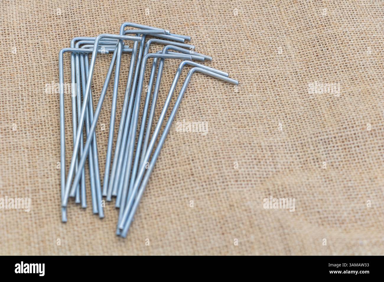 Un ensemble de clous en métal pour le jalonnement de tente de jardin, de plastique ou de tissu, fabriqué à partir de fil d'acier et recouvert de peinture grise sur un fond de toile de jute. Banque D'Images Un ensemble de clous en métal pour le jalonnement de tente de jardin, de plastique ou de tissu, fabriqué à partir de fil d'acier et recouvert de peinture grise sur un fond de toile de jute. Banque D'Images