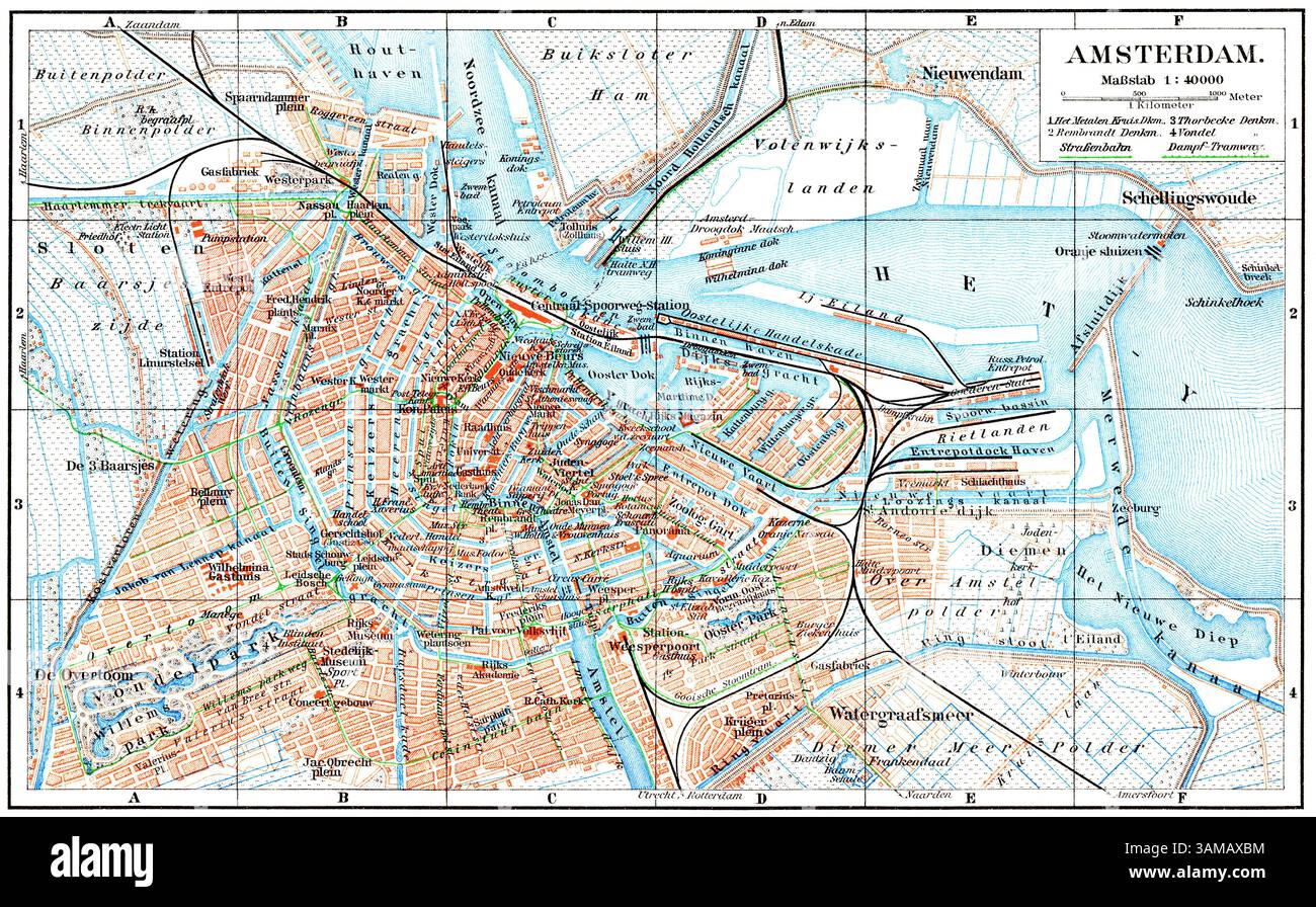 Carte antique d'Amsterdam du début du XXe siècle. Publication de l'encyclopédie Meyers, vol. 7, Leipzig, Allemagne, 1910. Banque D'Images