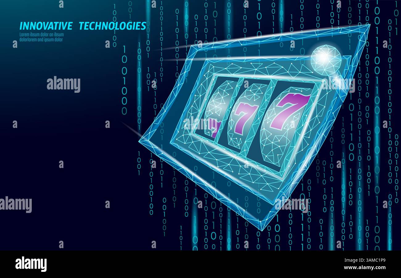 Machine à sous avec sept dans le style numérique. Les fils créent des lignes de points polygonaux. Industrie de jeu et concept de technologie, risque de casino. Bleu Illustration de Vecteur
