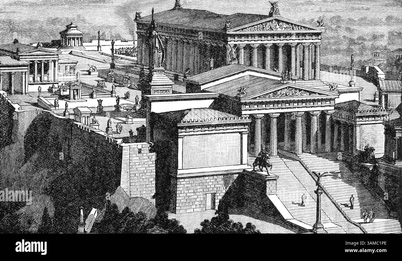 L'Acropole d'Athènes, en Grèce, est un affleurement rocheux, utilisé dans les temps anciens, comme centre religieux. Sous le Ve siècle av. J.-C., homme d'État Périclès, à l'époque de l'âge d'or d'Athènes, le temple dédié à la déesse Athéna, le Parthénon, a été construit. Cette illustration, datant du milieu des années 1800, montre le Parthénon (en haut au centre à droite), la Propylaea (entrée et porte devant le Parthénon), et d'autres bâtiments au sommet de l'Acropole Banque D'Images