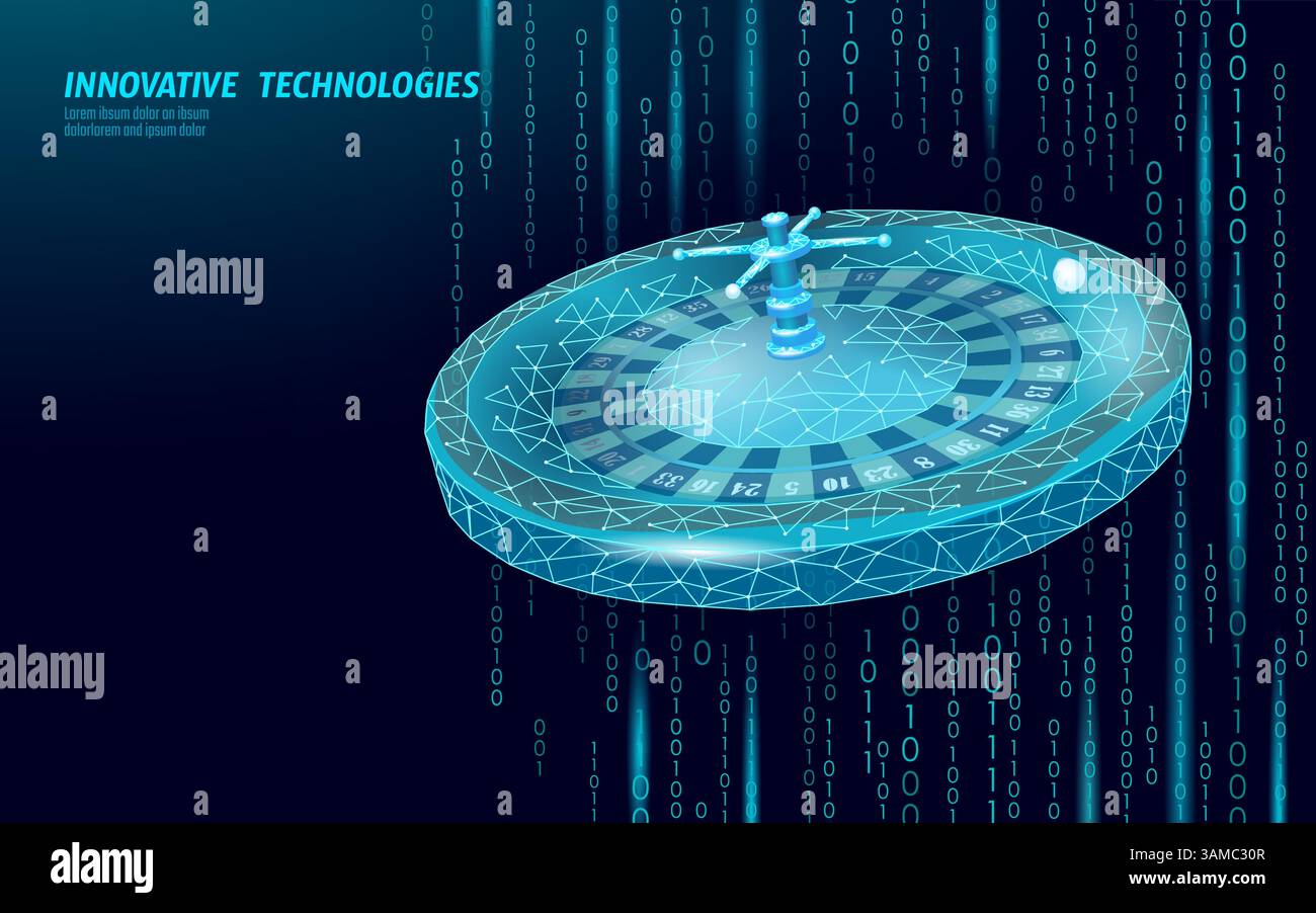 Roue de roulette numérique low poly. Le fond de code binaire ajoute une sensation technologique moderne. Concepts d'investissement fintech de jeu en ligne. Low poly art futuriste Illustration de Vecteur