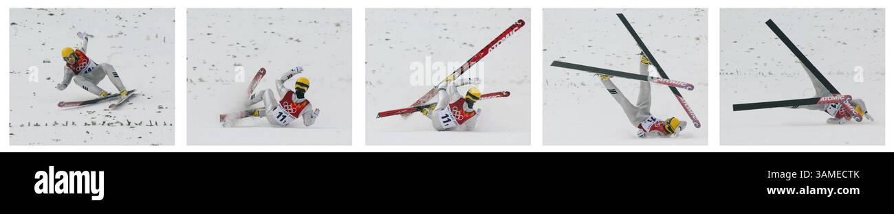 18 février 2002 - États-Unis - KRT SPORT STORY SLUGGED : OLY-SKIJUMP KRT PHOTOGRAPHIE PAR JOE RIMKUS JR./MIAMI HERALD (SOUTH FLORIDA OUT) (18 février) PARK CITY, UT - dans une séquence de photos, le finlandais Matti Hautamaeki tombe après avoir terminé son atterrissage lors de la compétition de saut à ski par équipe K120 des Jeux olympiques d'hiver de 2002, lundi 18 février, au Parc olympique de l'Utah, Utah, Utah, Utah. (MI) NC KD BL 2002 (Horiz) (image numérique) (smd) (crédit image : © Miami Herald/mct/ZUMAPRESS.com) Banque D'Images